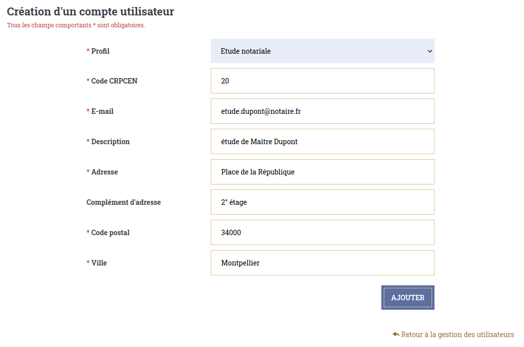 Formulaire de création de compte notaire