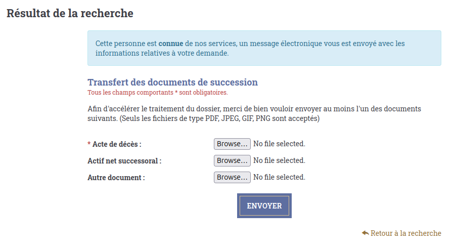 Formulaire d’envoi de l’acte de décès par le notaire